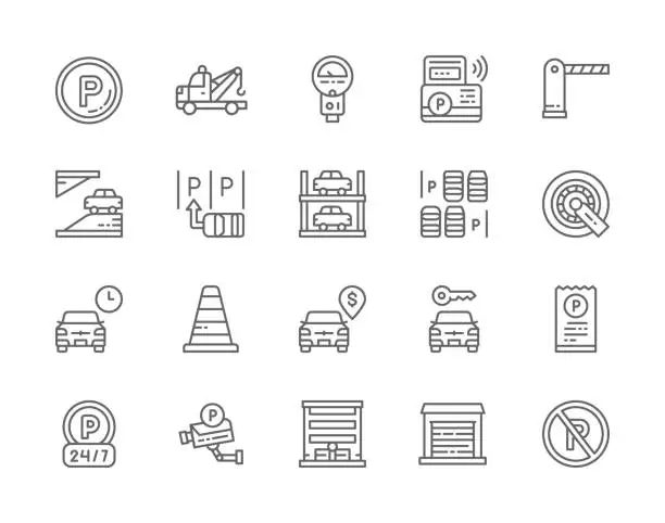 Vector illustration of Set of Car Parking Line Icons. Tow Truck,  Automatic Barrier, Car Wheel Lock, Carsharing Service,  Automatic Gate and more.