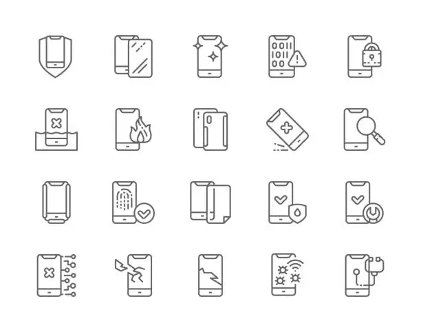 Vector illustration of Set of Phone Repair Line Icons. Mobile Spam,Smartphone Case Protection, Software Virus and more.