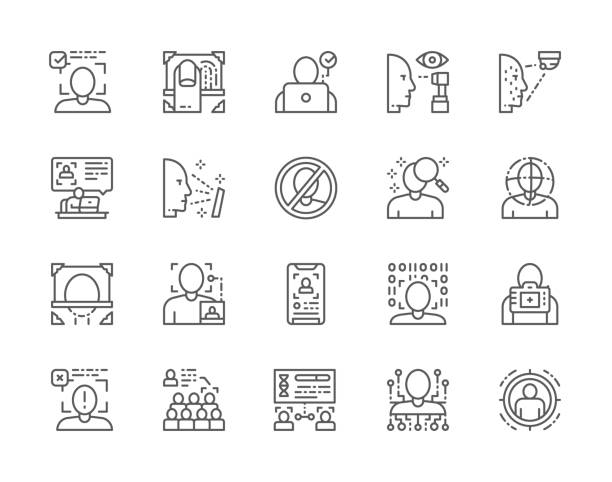 illustrazioni stock, clip art, cartoni animati e icone di tendenza di set di icone della linea di rilevamento volti. verifica dell'id, impronta digitale, identificazione biometrica e altro ancora. - biometrics fingerprint identity flat bed scanner