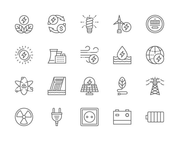 zestaw ikon linii przemysłu energetycznego. elektrownia, zapora wodna, stacja słoneczna, linia wysokiego napięcia, wtyczka elektryczna, bateria i wiele innych. - nuclear power station danger symbol radioactive stock illustrations