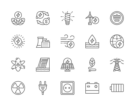 Set of Energy Industry Line Icons. Power Plant, Energy Saving Lamp, Wind Turbine, Water Dam, Solar Station, High Voltage Line, Electric Plug, Power Socket, Battery and more.