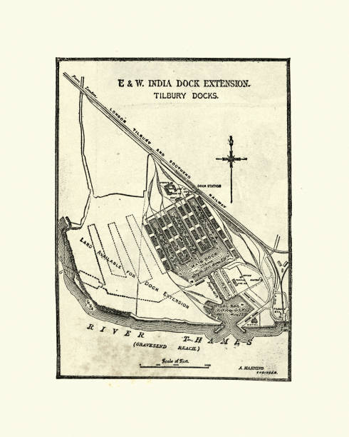 Map of E&W India Dock Extension, Tilbury Docks, 19th Century Vintage engraving of a Map of E&W India Dock Extension, Tilbury Docks, 19th Century essex england illustrations stock illustrations