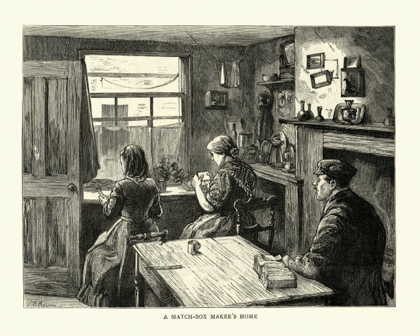 ilustrações de stock, clip art, desenhos animados e ícones de victorian match-box maker's home, east end of london, 19th century - century 19th family women