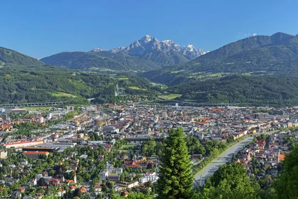 Innsbruck, Austria. View of the city from observation point at Hungerburg district. Serles mountain of the Stubai Alps is visible on the background.