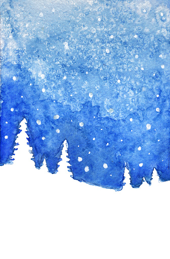 A watercolor painting featuring snow covered hills and evergreen trees. A deep blue sky with snow falling from the sky.