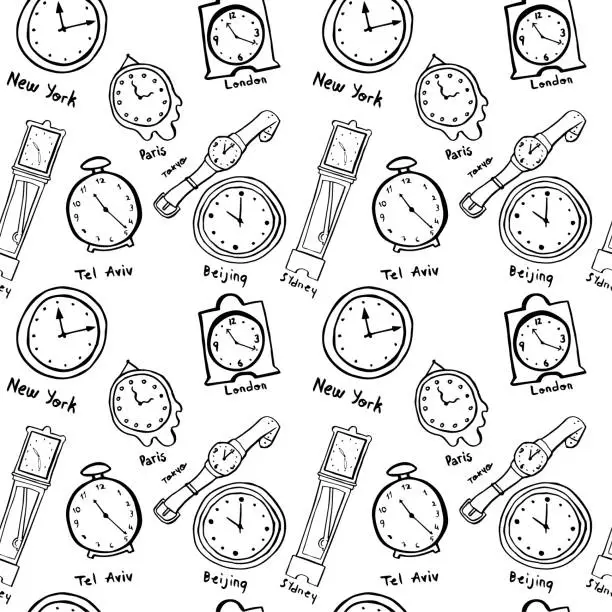 Vector illustration of Hand Drawn World Clocks And Watches Background