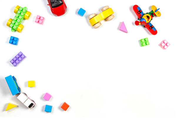 istock Baby kids toys frame on white background. Top view, flat lay. Copy space for text 1181906204