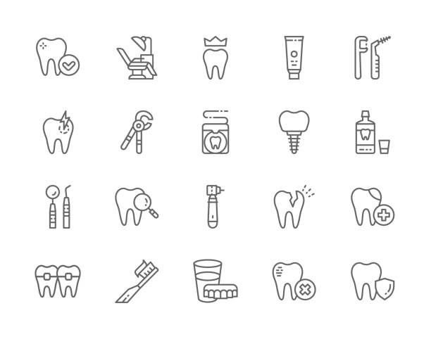 ilustraciones, imágenes clip art, dibujos animados e iconos de stock de conjunto de iconos de línea de odontología. dentadura dental, pasta de dientes, dientes, enjuague bucal y más. - dentist
