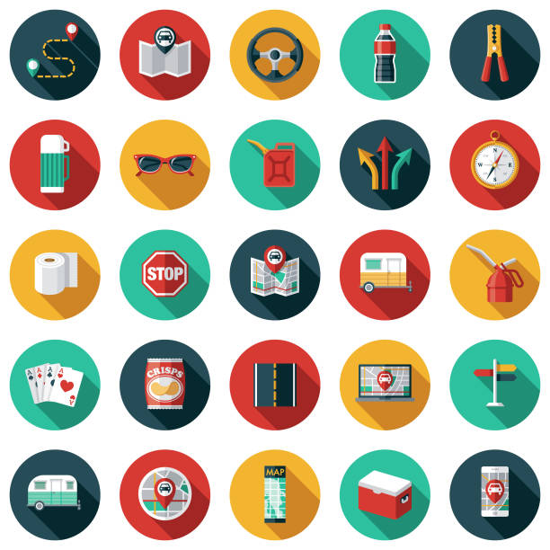 Road Trip Icon Set A set of road trip icons. File is built in the CMYK color space for optimal printing. Color swatches are global so it’s easy to edit and change the colors. canada road map stock illustrations