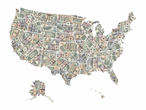 United States of America map formed with american dollars bills isolated on white background United States of America map formed with american dollars bills isolated on white background commercial activity stock pictures, royalty-free photos & images