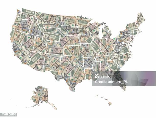 United States Of America Map Formed With American Dollars Bills Isolated On White Background Stock Photo - Download Image Now