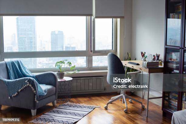 Empty Home Office Stock Photo - Download Image Now - Working At Home, Home Office, City