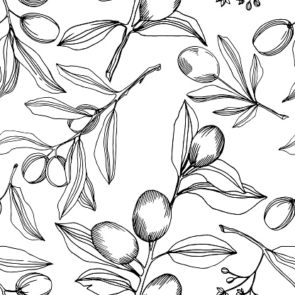 istock Vector Olive branch with fruit. Black and white engraved ink art. Seamless background pattern. 1181911972