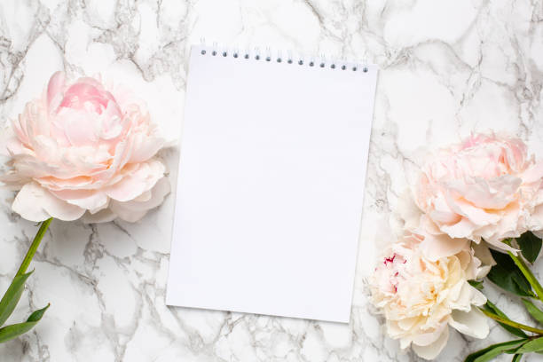 istock Beautiful white peony flower and notebook on marble background 1181916501
