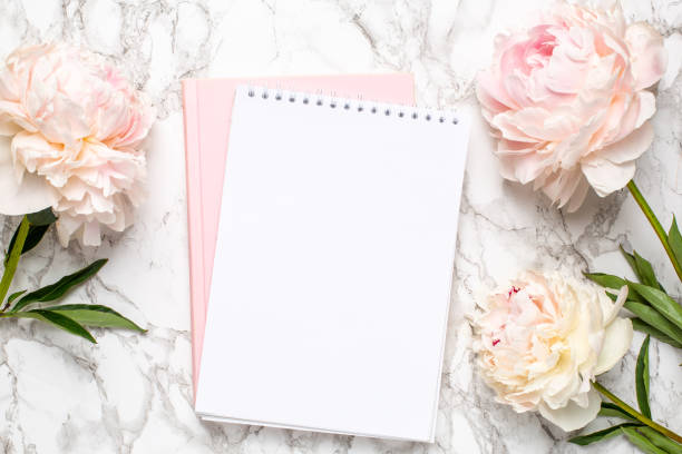 istock Beautiful white peony flower and notebook on marble background 1181916504
