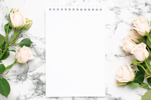 istock Beautiful white roses flower and notebook on marble background 1181916546