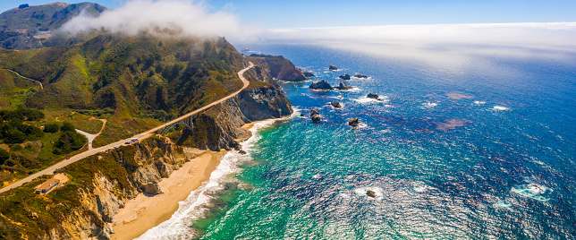 Arial view of the California Bixby bridge in Big Sur in the Monterey County along side State Route 1 US, the ocean road.