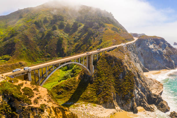 Arial view of the California Bixby bridge in Big Sur in the Monterey County Arial view of the California Bixby bridge in Big Sur in the Monterey County along side State Route 1 US, the ocean road. Bixby Creek stock pictures, royalty-free photos & images