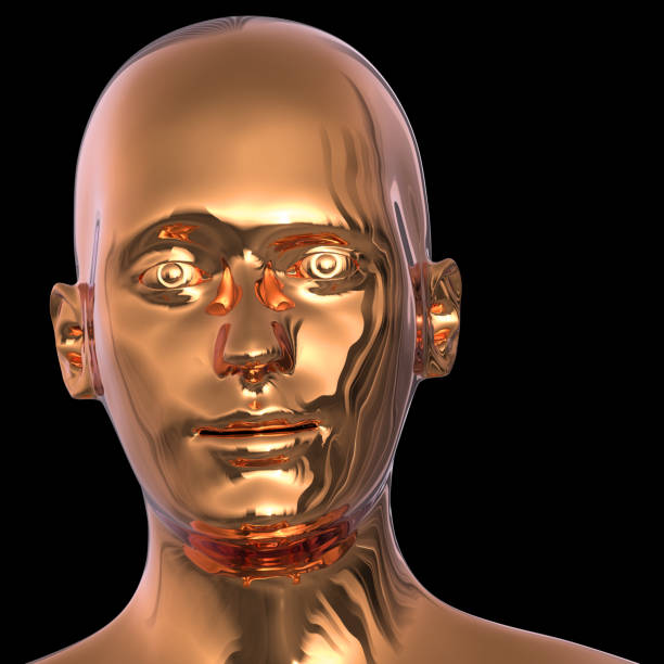 istock Android robot golden head eyes face iron polished solid 1181923852