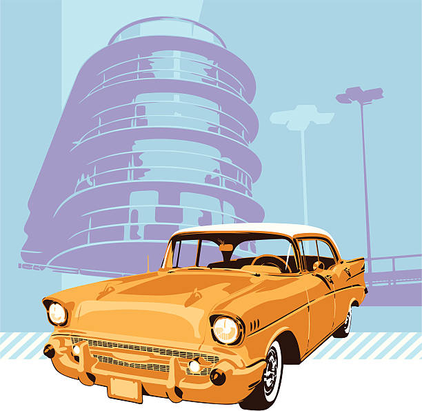 ilustraciones, imágenes clip art, dibujos animados e iconos de stock de 1957'chevrolet con luz azul de fondo - chevrolet