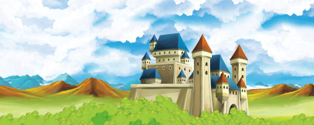 ilustraciones, imágenes clip art, dibujos animados e iconos de stock de escena de la naturaleza de dibujos animados con hermoso castillo cerca del bosque - castle fairy tale palace forest