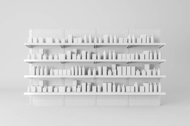 White supermarket shelves with products Front view of white supermarket shelves with products in mock up bottles and boxes. Concept of trade and business. 3d rendering shelf stock pictures, royalty-free photos & images
