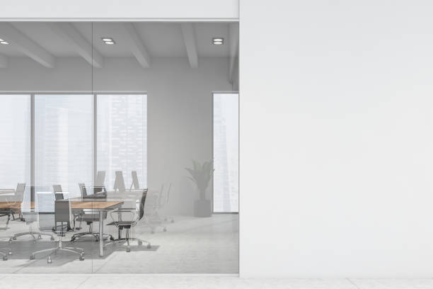 istock White meeting room with mock up wall 1181927816