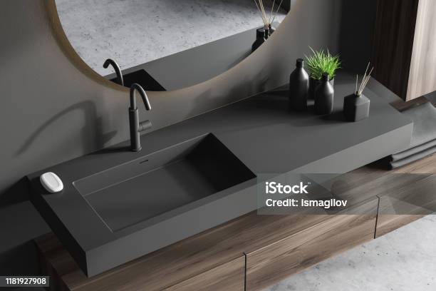 Top View Of Gray Bathroom Sink Stock Photo - Download Image Now - Apartment, Armchair, Bathroom