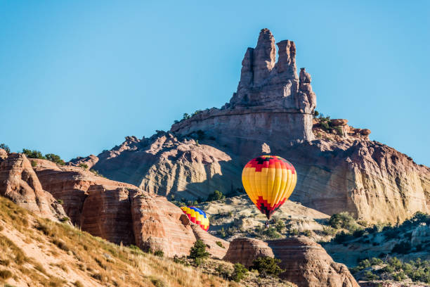 Hot Air Balloons over Castle Rock stock photo
