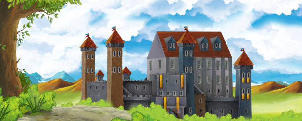 istock Cartoon nature scene with beautiful castle near the forest 1181928128