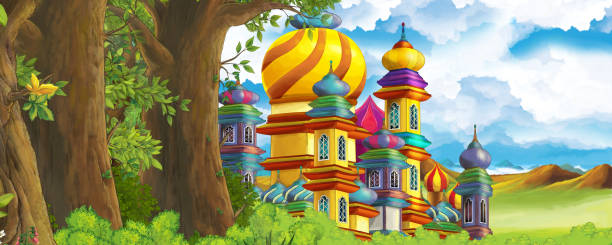 istock Cartoon nature scene with beautiful castle near the forest 1181928221