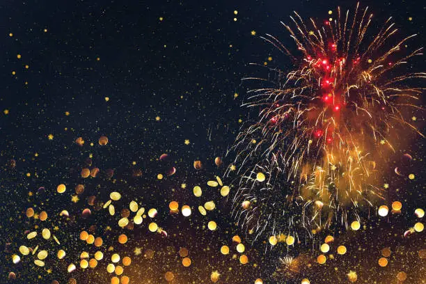 Colorful firework background with falling coins