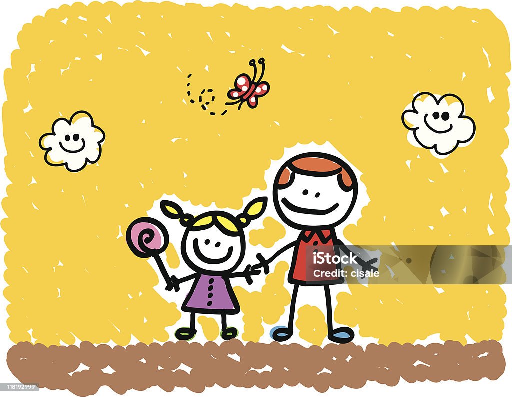 Padre e figlia in estate natura schizzo, illustrazione fumetto - arte vettoriale royalty-free di Bambino
