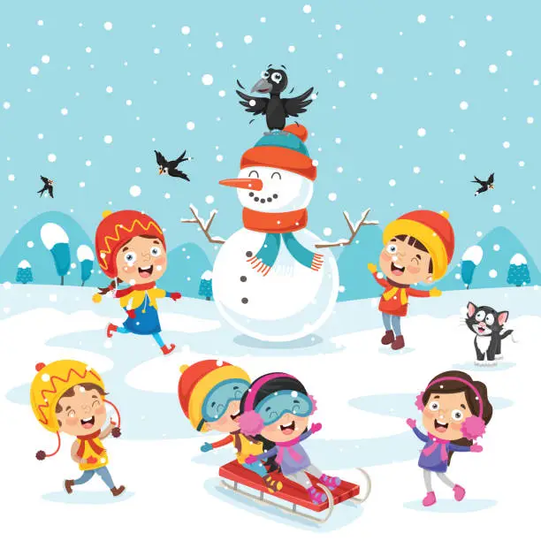 Vector illustration of Children Playing Outside In Winter