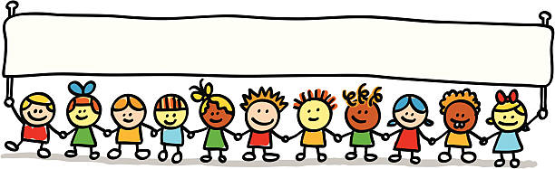 happy little kids friends holding empty blank banner cartoon illustration  kids holding hands stock illustrations