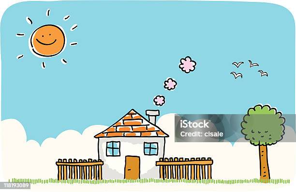 Sommer Oder Frühjahr Haus Mit Der Natur Doodle Cartoon Illustration Stock Vektor Art und mehr Bilder von Wohnhaus