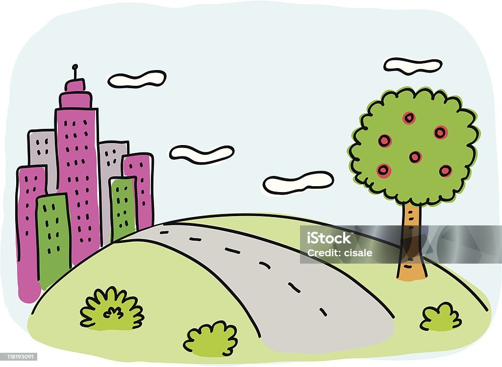 City Skyline with green nature, tree and road cartoon  Child's Drawing stock vector