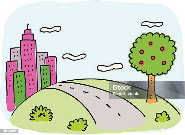 City Skyline With Green Nature Tree And Road Cartoon Stock Illustration - Download Image Now