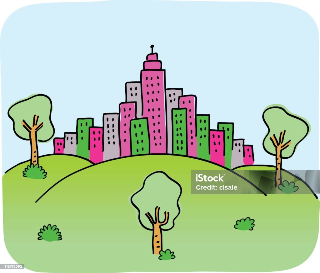 City Skyline with green summer nature and park cartoon illustration  City stock vector