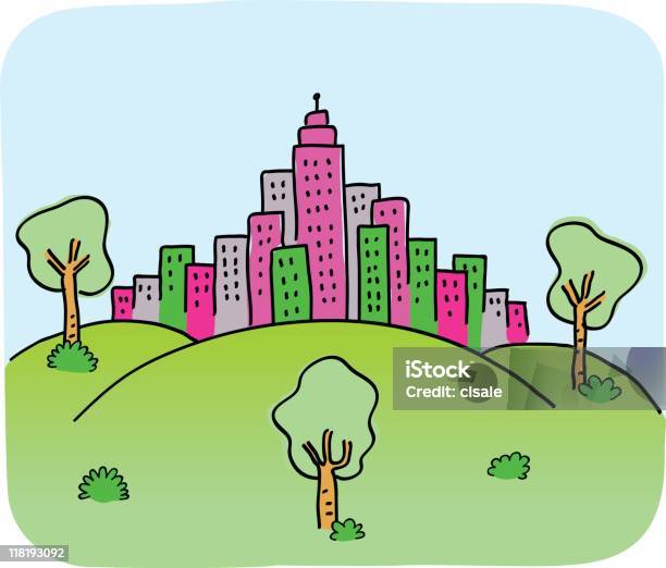 City Skyline With Green Summer Nature And Park Cartoon Illustration Stock Illustration - Download Image Now