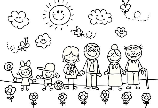 glückliche familie mit großen mutter, vater, sohn und tochter kinder comic - vector nature cheerful son stock-grafiken, -clipart, -cartoons und -symbole