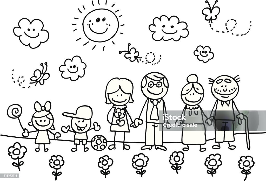 Família feliz com grand mãe, pai, filho, filha de desenho de crianças - Vetor de Rabisco - Desenho royalty-free