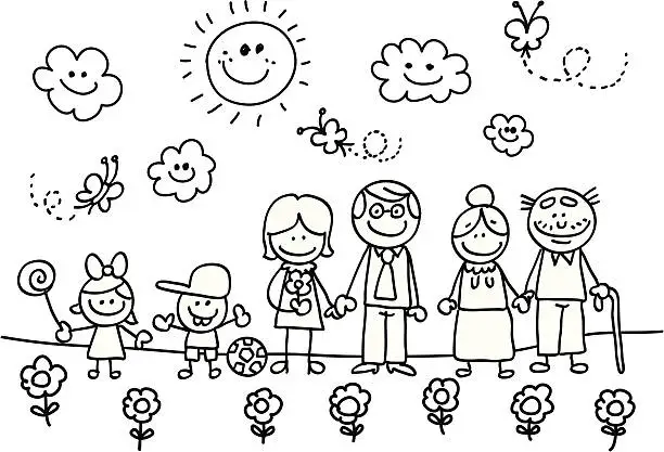 Vector illustration of Happy family with grand mother,father,son,daughter children cartoon