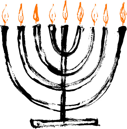 Beautiful menorah candlestick with candle and flame. Vector illustration for Hanukkah, jewish holiday. Isolated on white background
