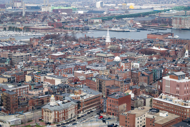 boston's historic north end (aerial view) - boston new england water church imagens e fotografias de stock