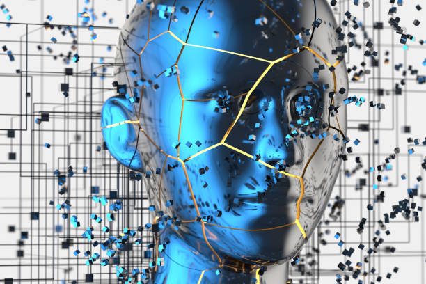 istock Blue metal human head with particles, 3d rendering. 1181945112