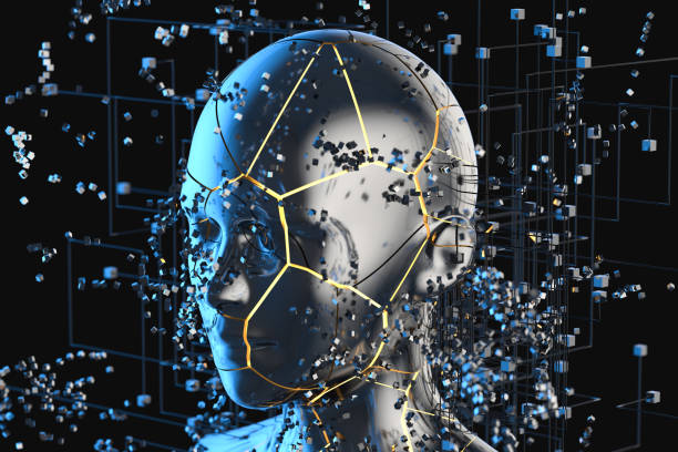 istock Blue metal human head with particles, 3d rendering. 1181945125