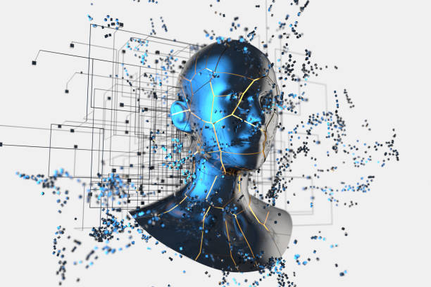 istock Blue metal human head with particles, 3d rendering. 1181945129