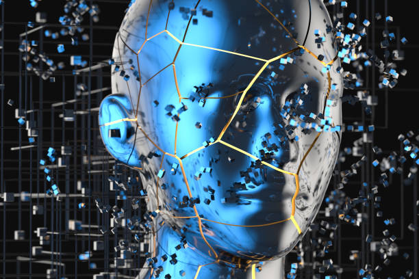 istock Blue metal human head with particles, 3d rendering. 1181945135