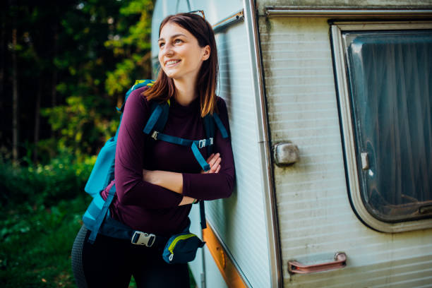 istock Young woman on a camping weekend on the mountain 1181946508